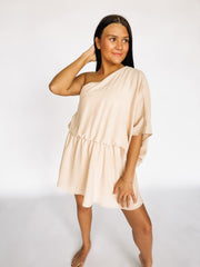 one shoulder cream dress