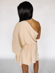 one shoulder cream dress