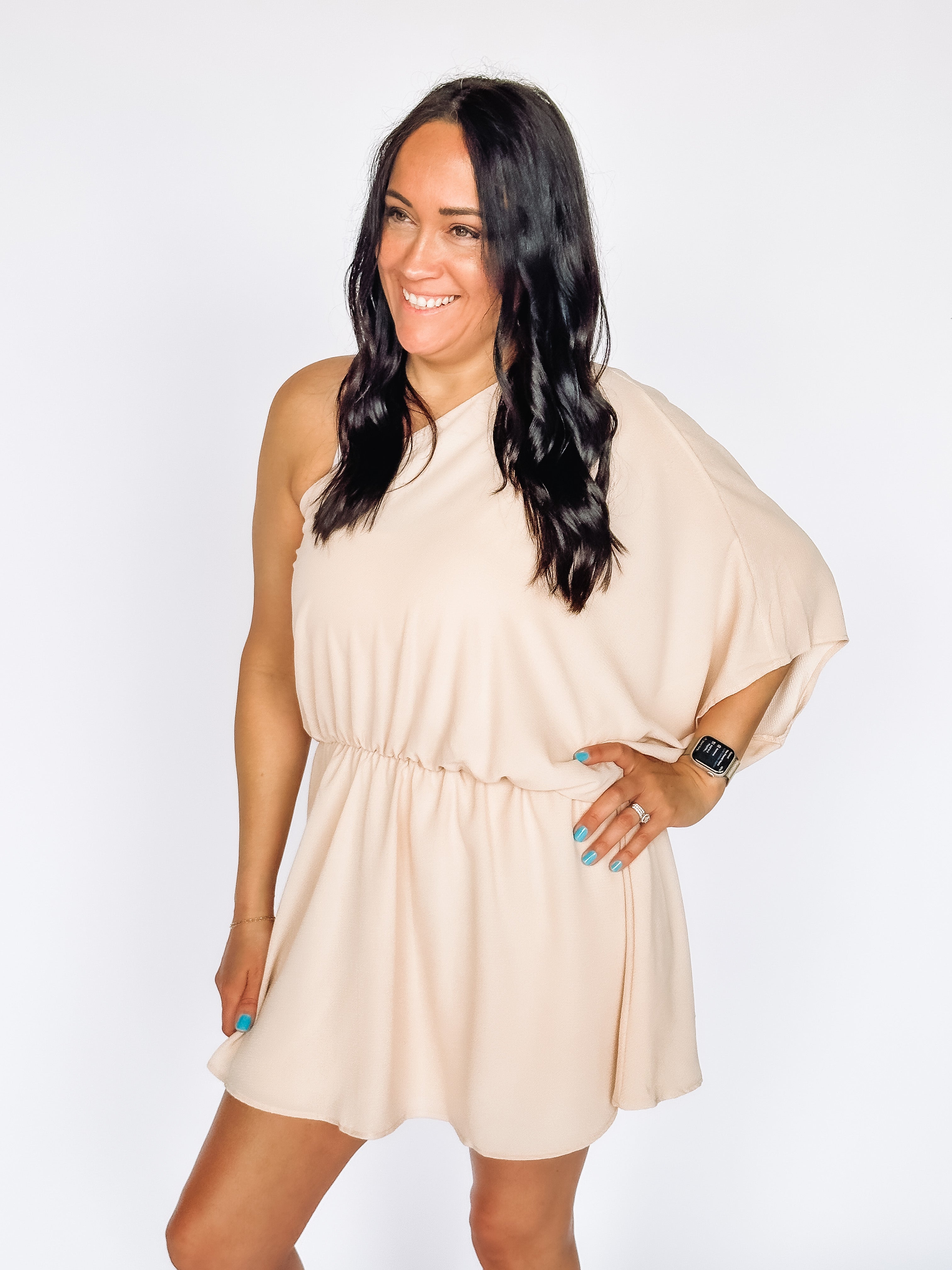 one shoulder cream dress