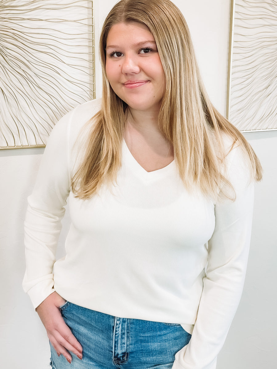 white long sleeve v neck