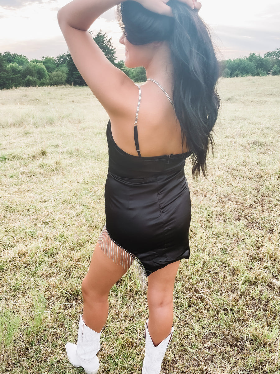 satin rhinestone fringe dress