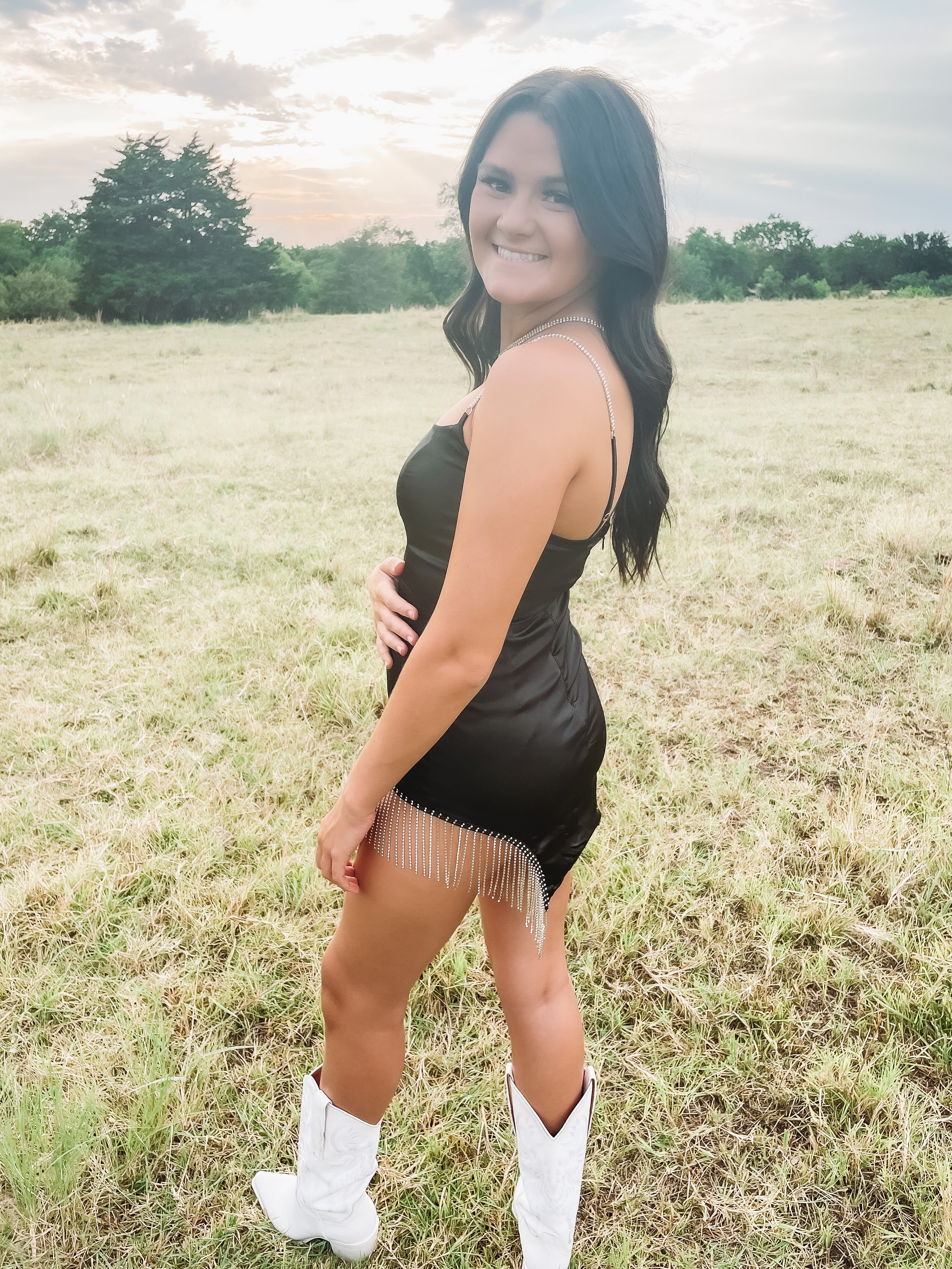 satin rhinestone fringe dress