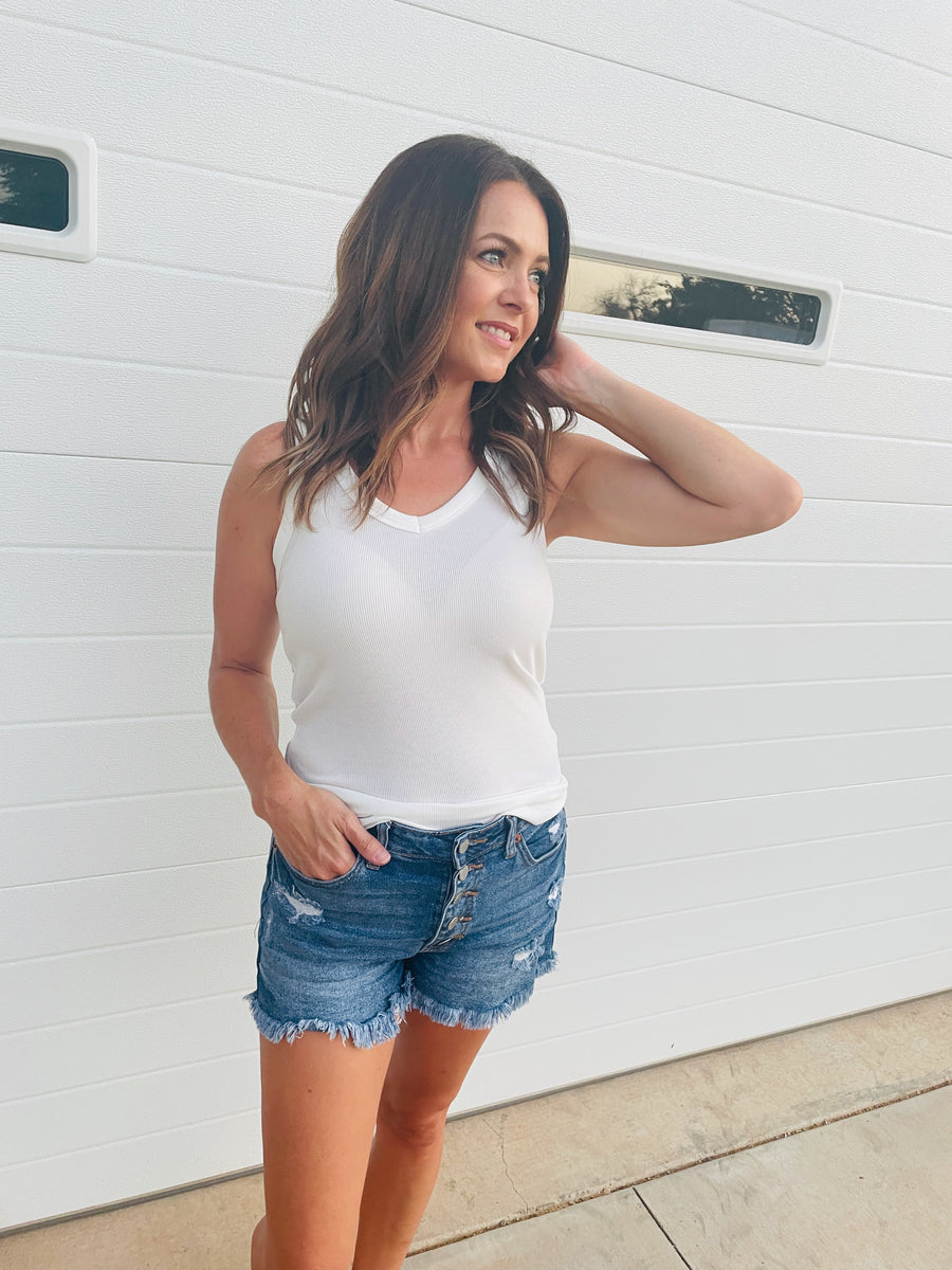 white ribbed v-neck tank