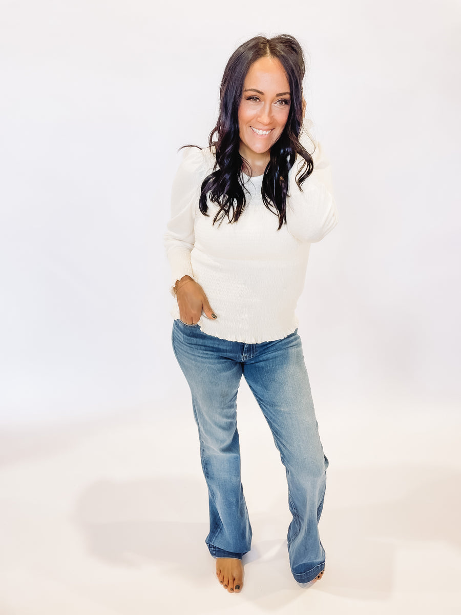 White smocked long sleeve