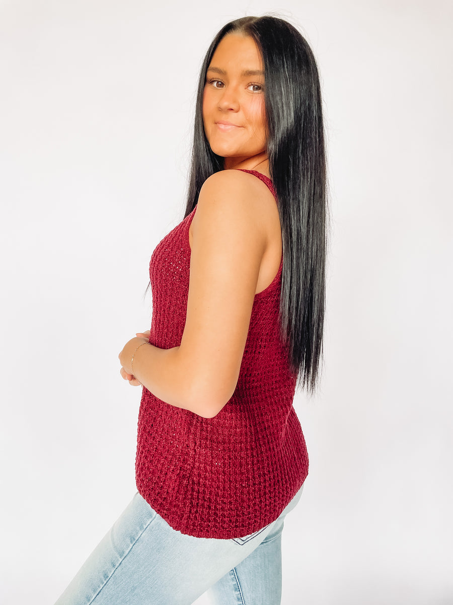 red sweater tank top